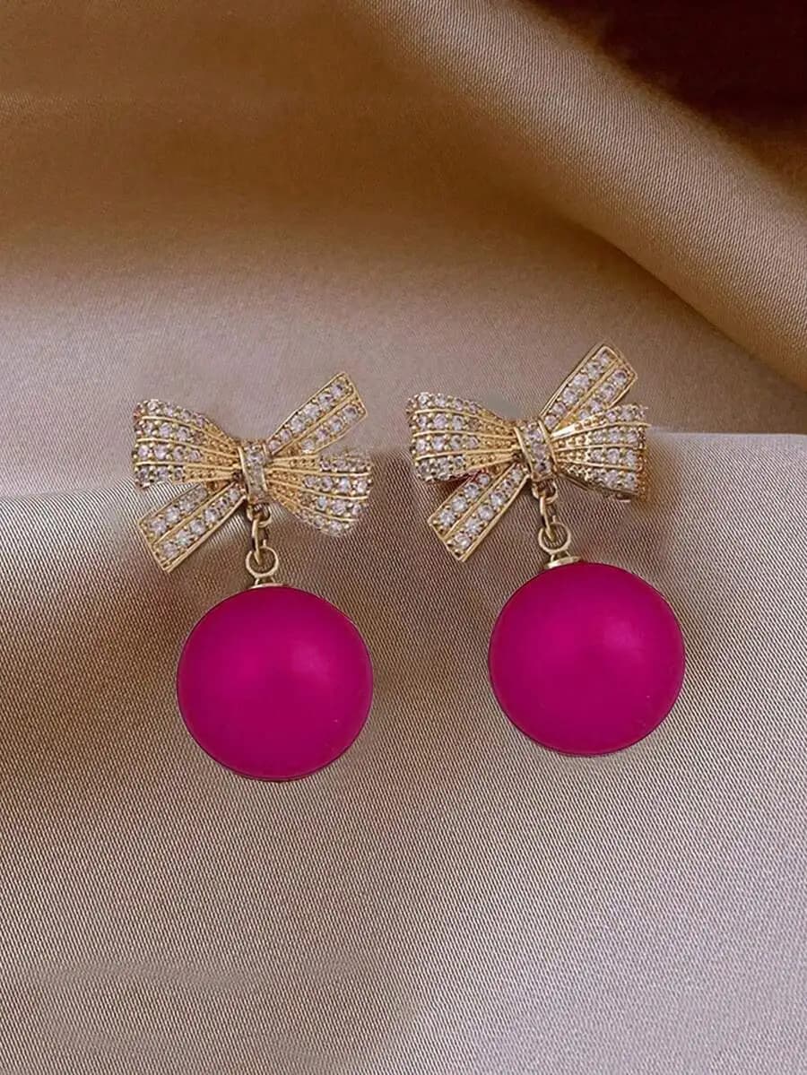 Fashion Bow Drop Earrings With Pink Ball Pendant For Women Party Wear