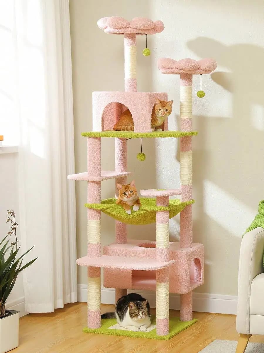 Road 184 Cm Large Cat Tree, Cat Tower For Large Cats, Cat House With Sisal-Wrapped Scratching Posts And Padding, 2 Padded Resting Areas, Double House And Basket For Indoor Cats, Pink