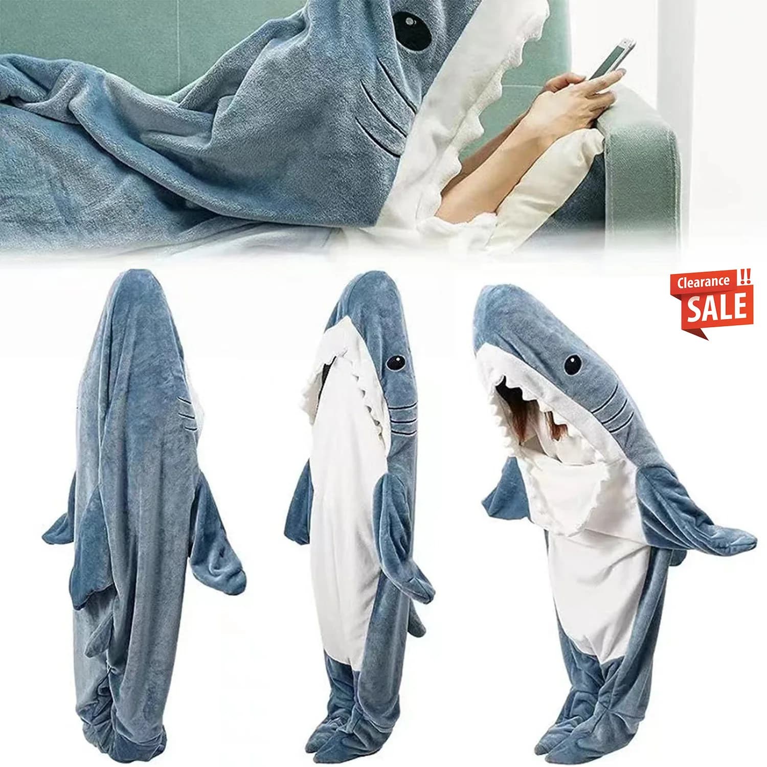 Covered by wearable shark available Sleeping bag with shark cartoon Comfortable bathrobe Homewear Casual shark theme clothing Christmas gift