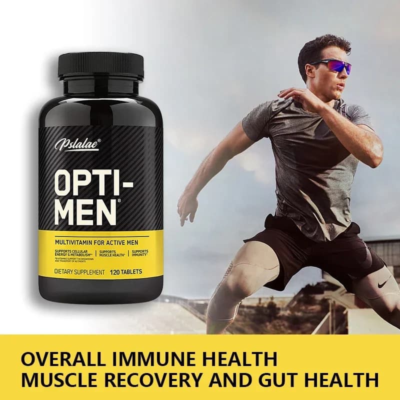 The natural capsules Opti-Men contain vitamin C, zinc and vitamins D, E, B12 to increase immunity, daily multivitamin supplement for me