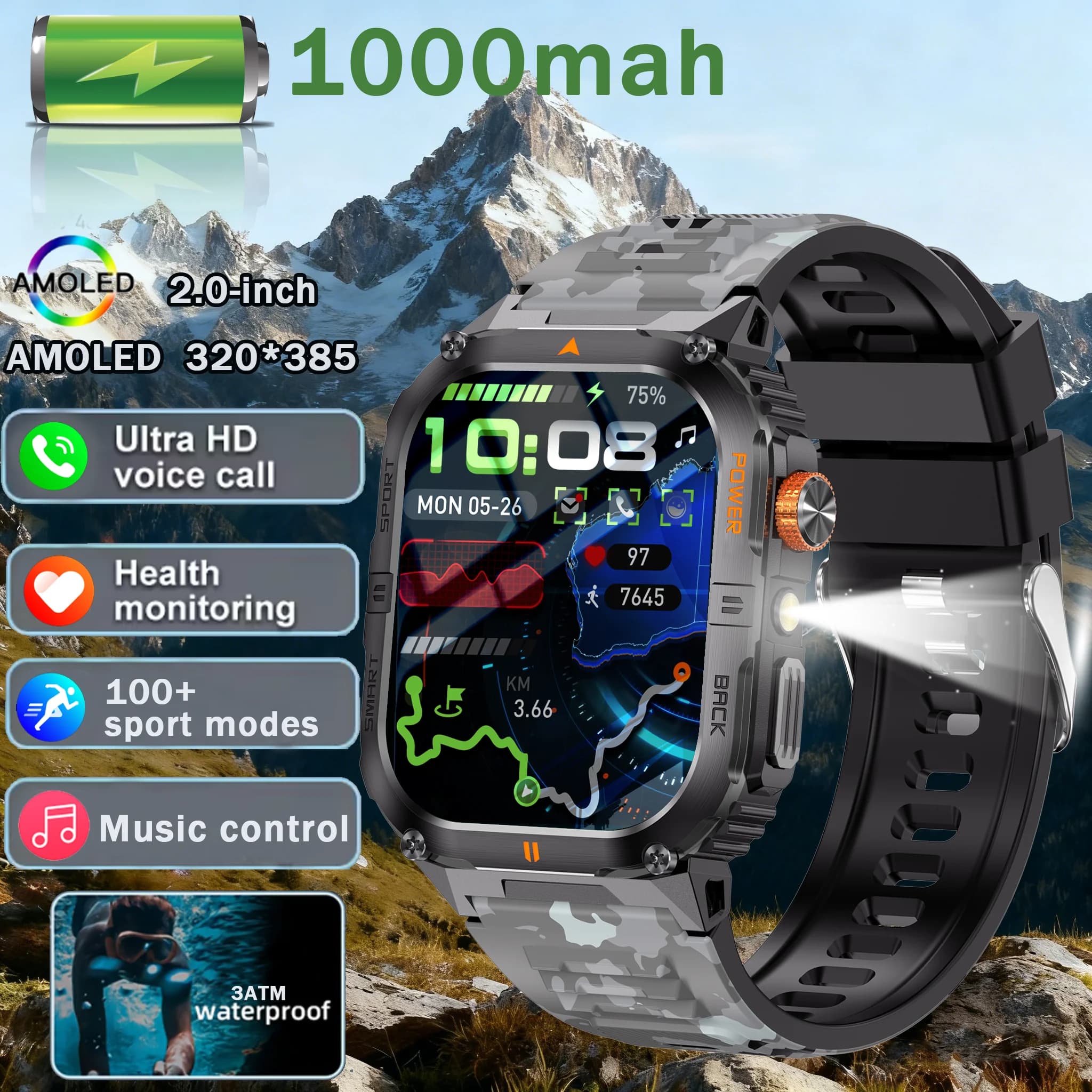 Orologio intelligente da uomo Bluetooth chiamata sonno frequenza cardiaca monitor sanitario torcia a LED esterna orologio sportivo impermeabile per Android IOS