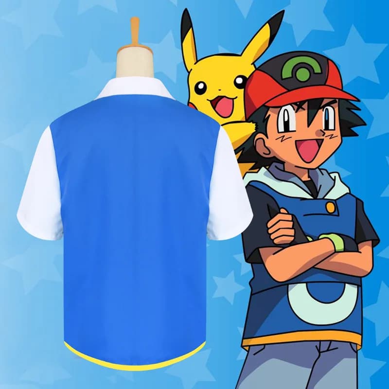 Costume da Allenatore Ash Ketchum con Giacca Blu, Cappello e Guanti per Ragazzi e Ragazze, Abbigliamento per Halloween, Carnevale e Feste a Tema per Adulti