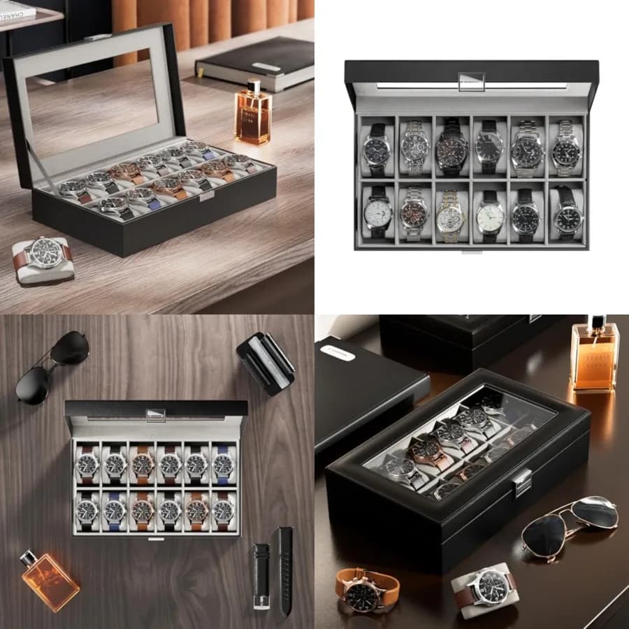 Organizer per orologi, espositore per orologi a 12 scomparti con coperchio in vetro, custodia per orologi da uomo, custodia per orologi, anniversario, compleanno, Vale
