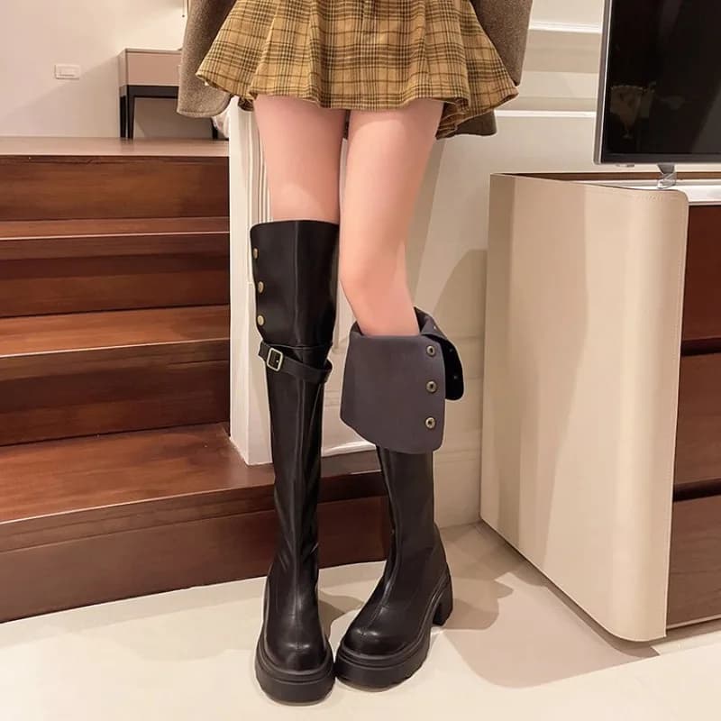 Stivali da donna sopra il ginocchio con plateau, tacco largo, punta tonda, alti fino alla coscia, con fibbia e bottoni decorativi, calzature casual autunnali