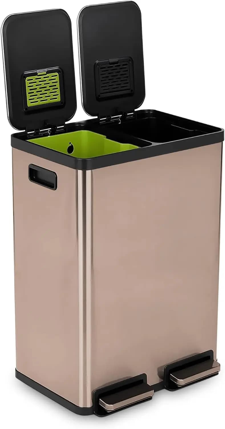^60L / 16 Gallon Dual Compartment Kitchen Trash Can - Hands-Free Step Pedal, Soft-Close Lid, Stainless Steel Recycling Bin