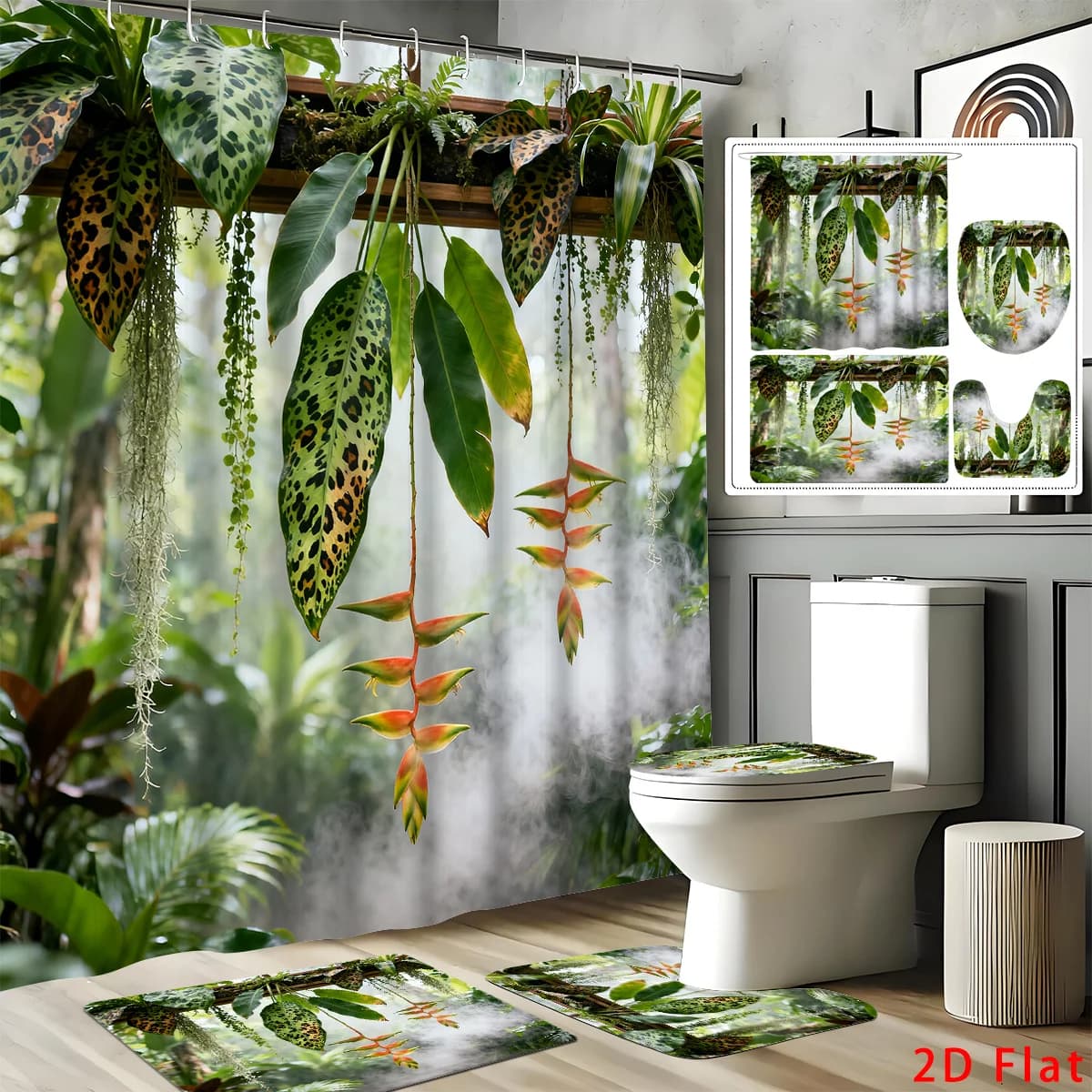 2D Flat, 4pcs Tropical 2D Bathroom Set, High-Quality Bathroom Decorations And Additions Including Non-Slip, U-Shaped, Toilet Seat, And Shower Curtain with 12 Hooks
