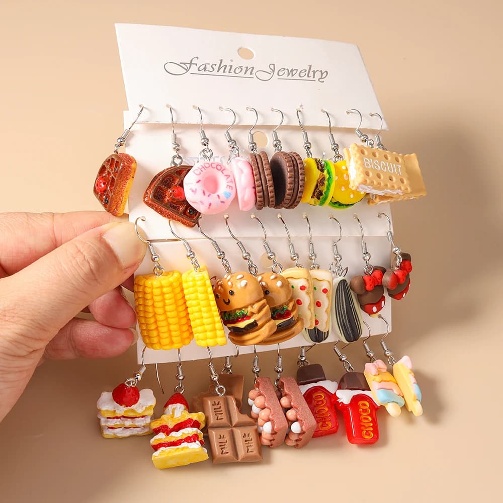 Aihua nuovo In donne orecchino resina cibo divertente orecchini patatine fritte biscotti gelato pane Hot Dog Pizza cioccolato ragazza regalo per bambini