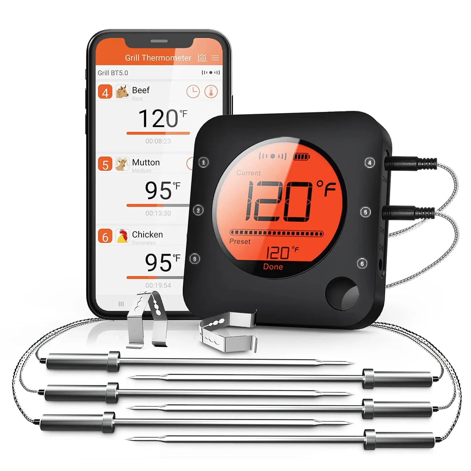 Termometro per Carne Wireless con 6 Sonde, Bluetooth 5.2, Ampio Display LCD per Grigliate e Barbecue