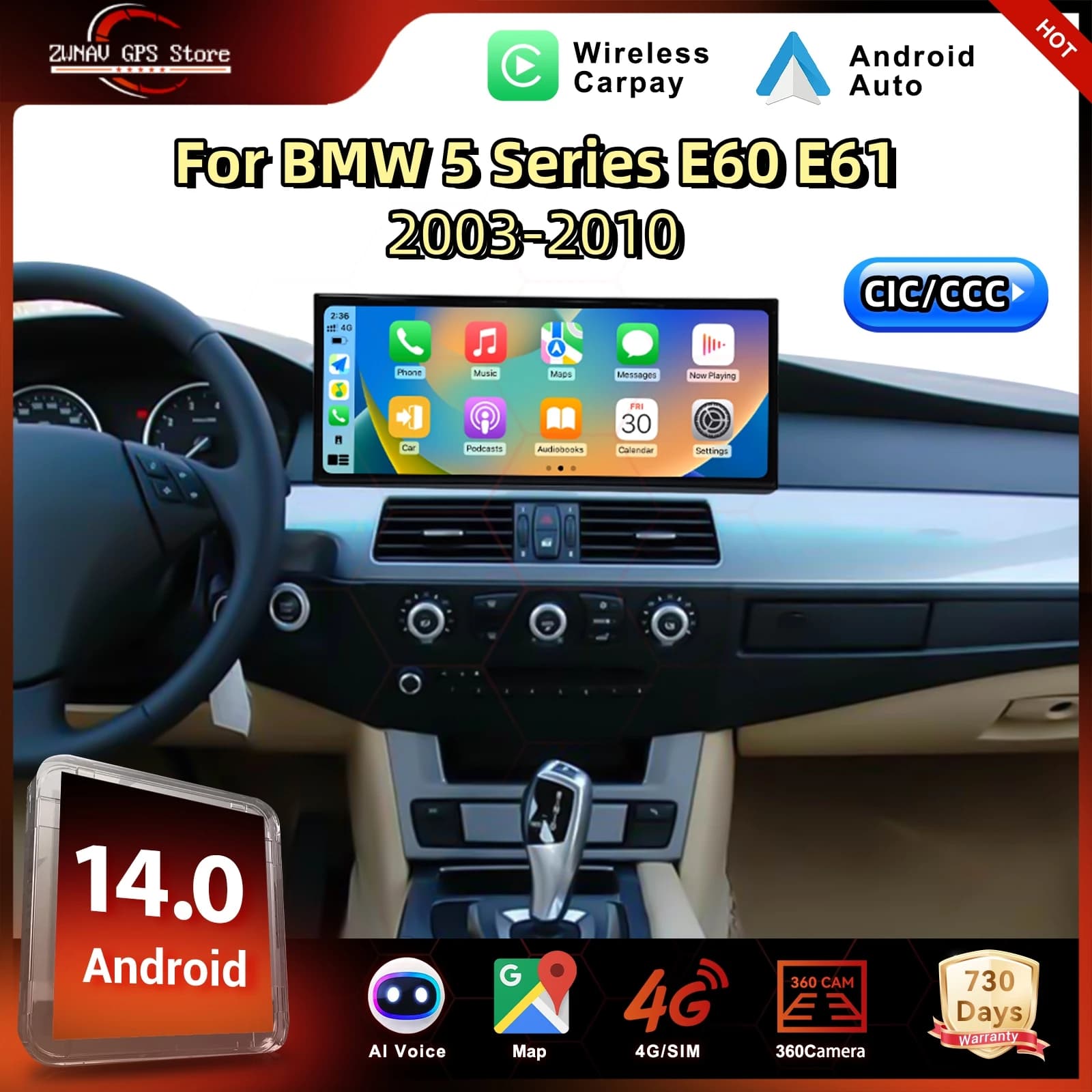 15.8 "Android 14 12 + 256GB Per BMW Serie 5 E60 E61 2003-2010 CIC CCC Sistema Lettore Multimediale Per Auto Wireless CarPlay Android auto