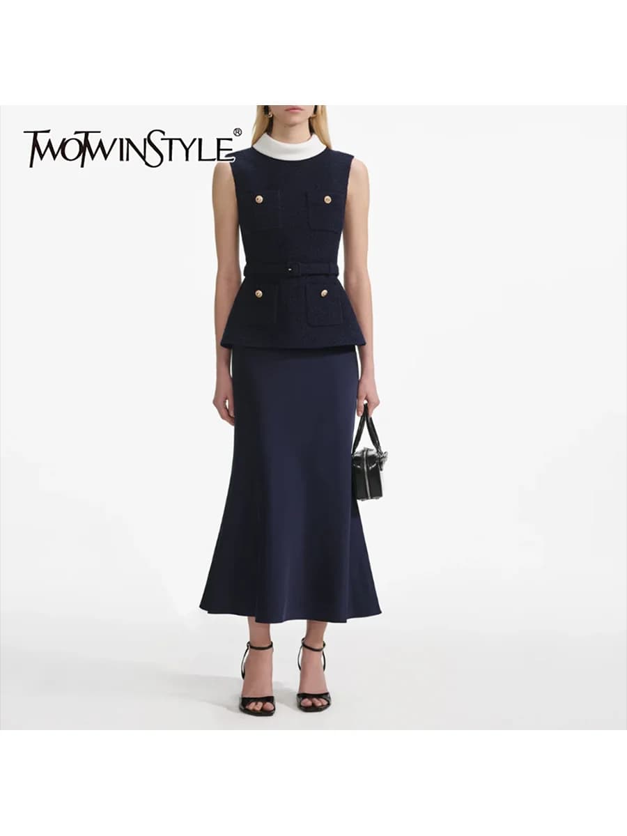 TWOTWINSTYLE Elegant Spliced Pockets False Two Piece Dresses for Women O Neck Sleeveless Patchwork Belt Dress Female Clothes New