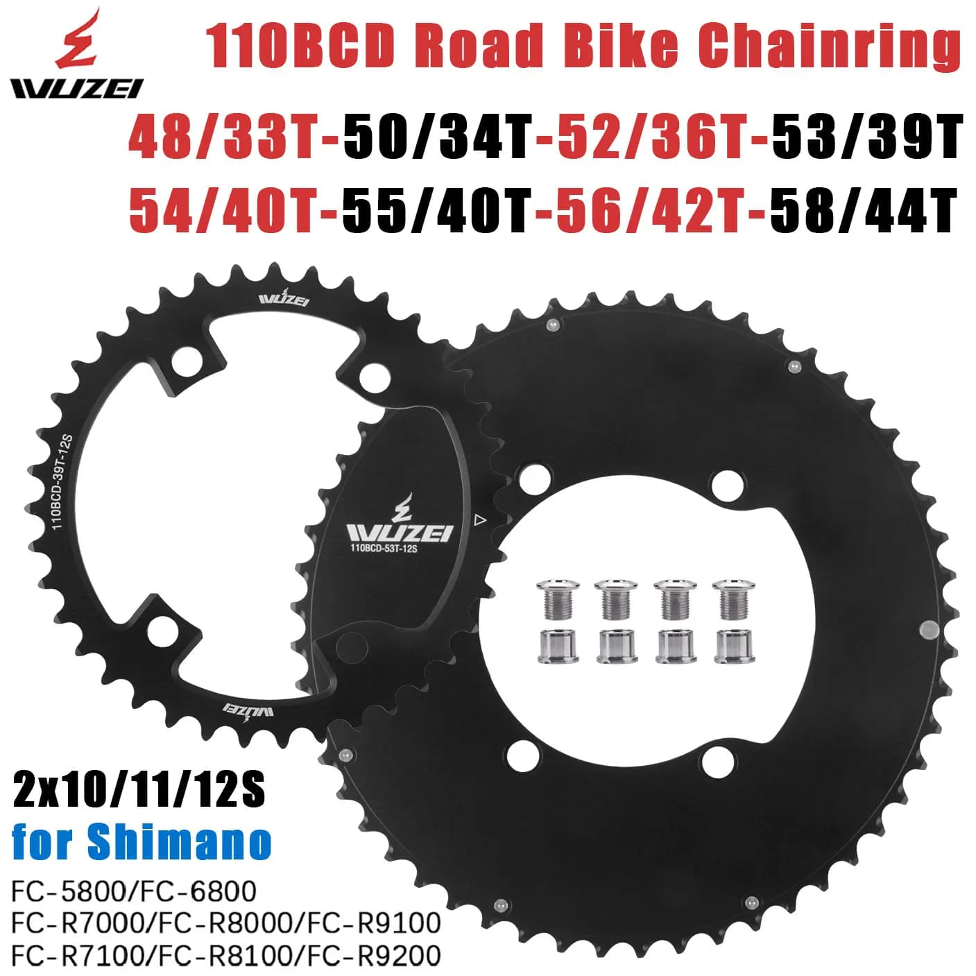 WUZEI 110BCD Double Chainring 2x 10/11/12 Speed Road Bike Chainwheel for Shimano 105 5800 6800 48T/33T 50T/34T 52T/36T 53T/39T