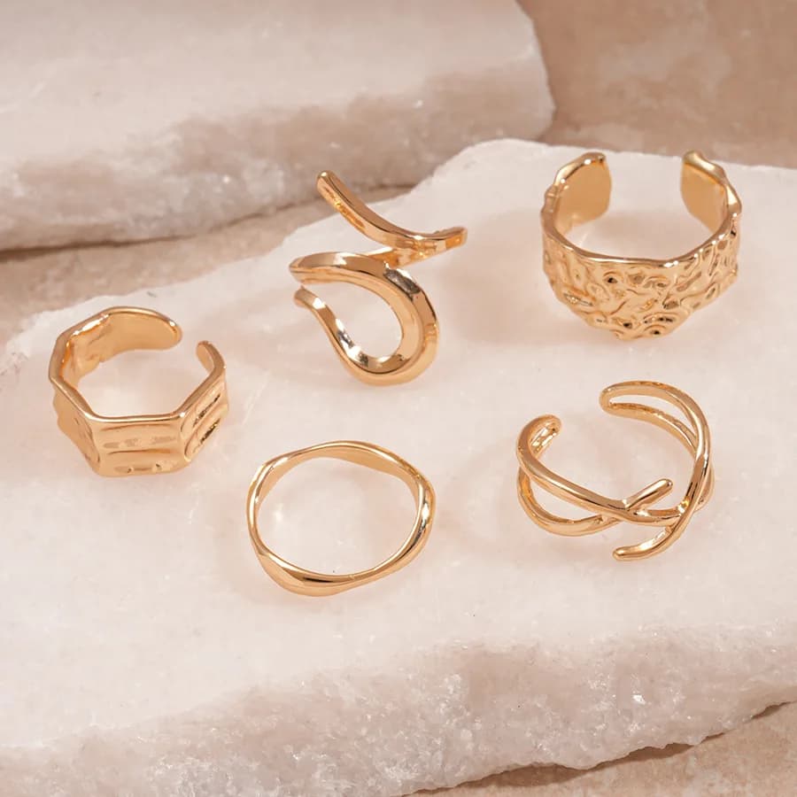 5 pezzi Anello aperto geometrico irregolare a doppio strato per donna Anello da dito regolabile classico stile metallo Accessori per gioielli quotidiani K