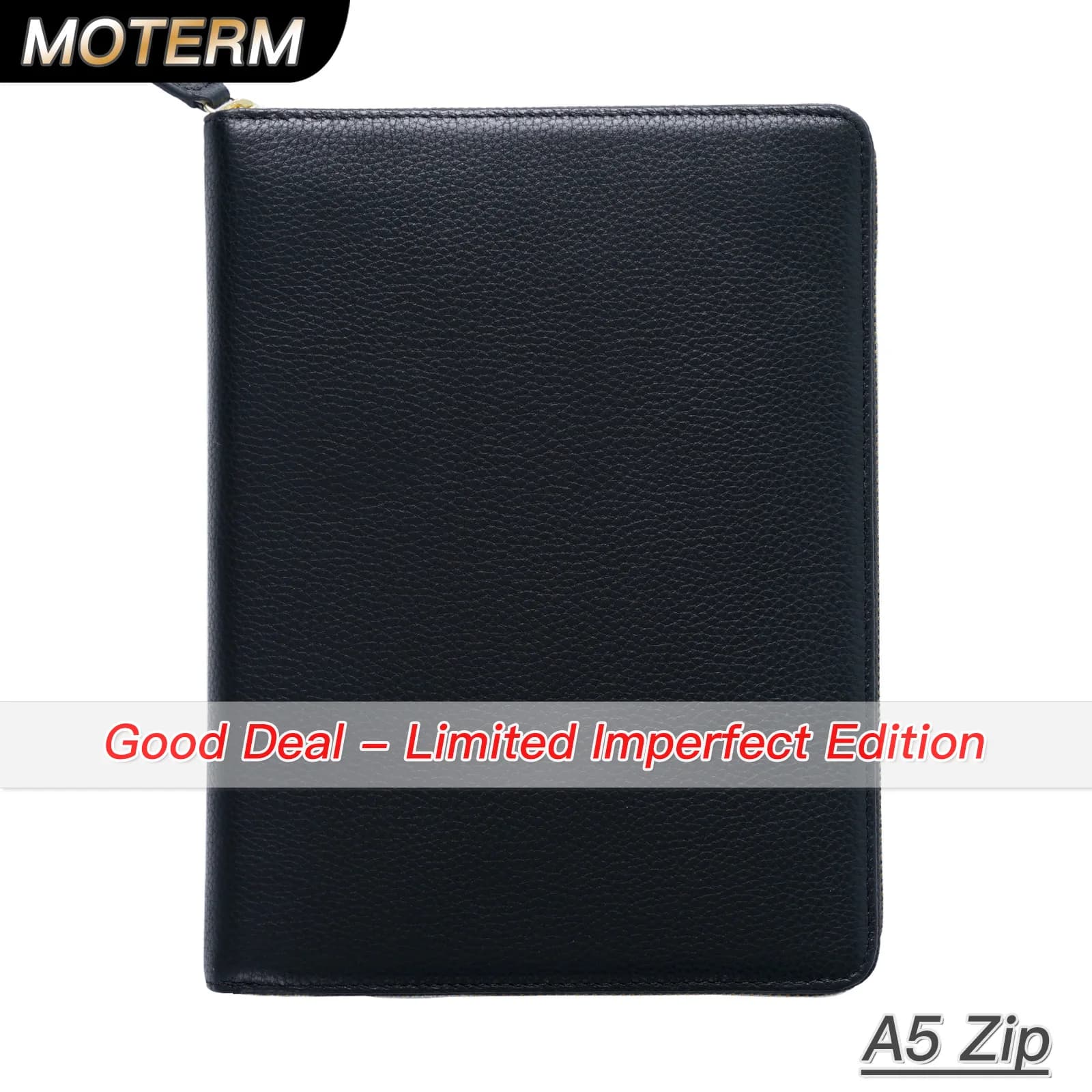 Limited Imperfect Moterm Genuine Pebbled Grain Leather A5 Zip Cover with Top Pocket Cowhide Planner Zipper Notebook Organizer