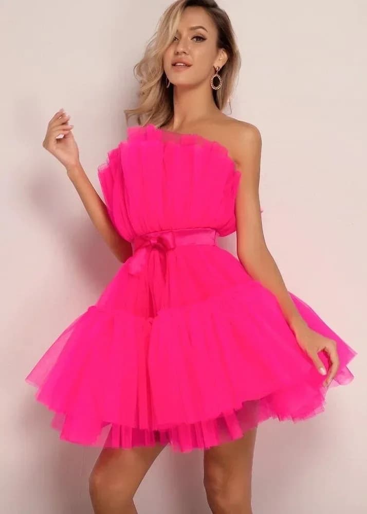 Elegant Strapless Mesh Party Dress Women Rose Pink Off Shoulder Bow Knot Mini Dress Sexy Sleeveless Ball Gown Club Dresses