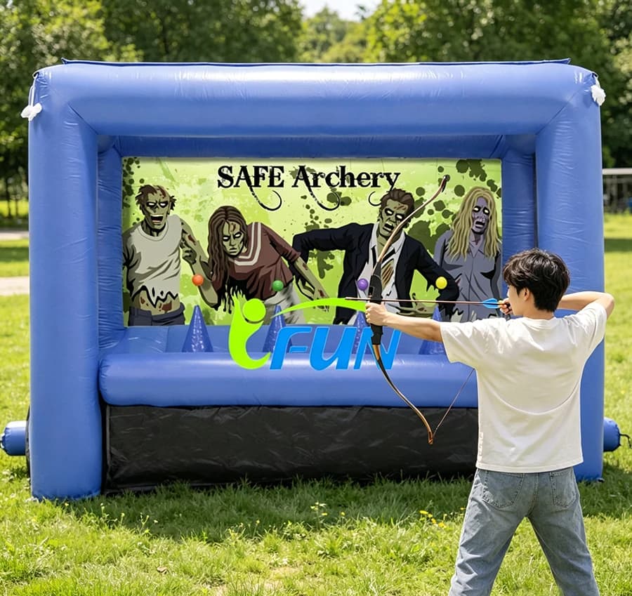 Cool Zombie Halloween Themed Safe Inflatable Archery Hover Ball Game Zombie Target Shooting Gallery for Carnival Event Rental