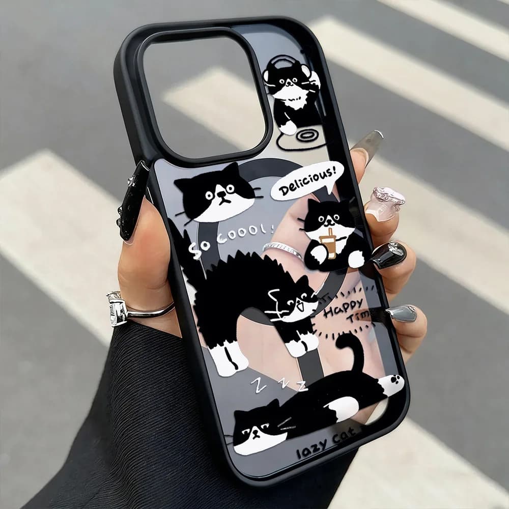Black Funny Cat Wireless Charging Phone Case for iPhone 17 16 Pro Max 11 13 14 12 Air for Magsafe Silicone Shock Cover