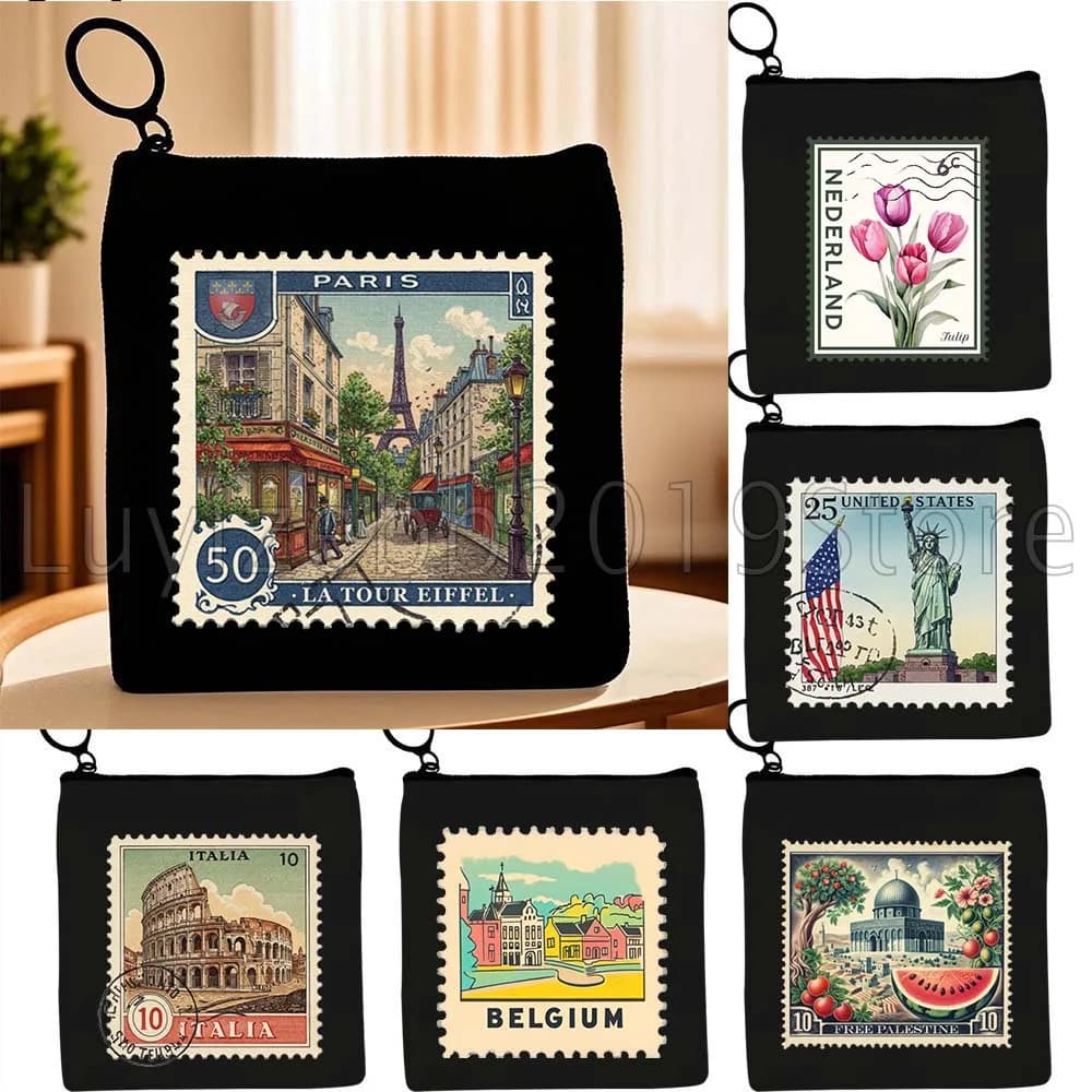 Retro Italia Roma Paesi Bassi Parigi New York Francobolli postali Regalo Portamonete in tela Borsa per chiavi Borse per carte Portafoglio