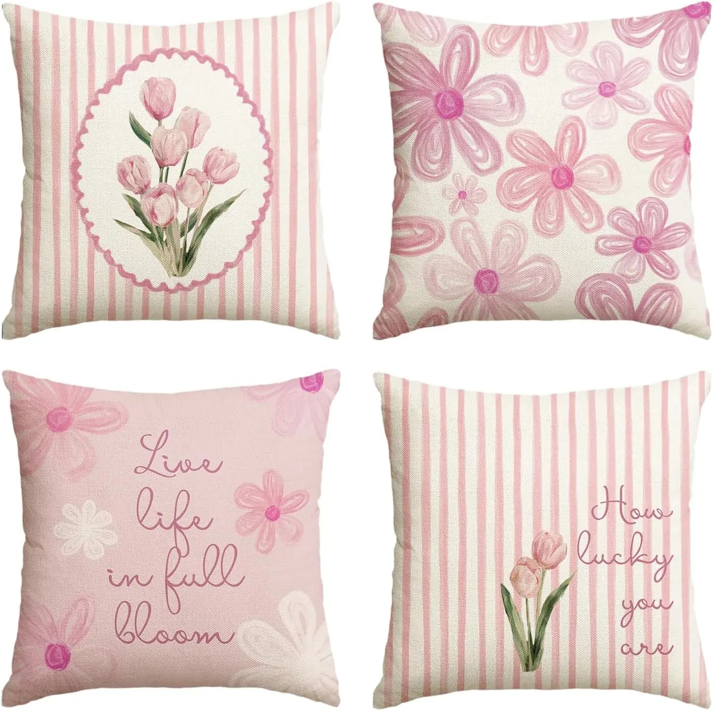 4Pcs Pink Floral Tulip Throw Pillow Covers "Live Life in Full Bloom" Cushion Cases for Living Room Bedroom Sofa Home Ornament