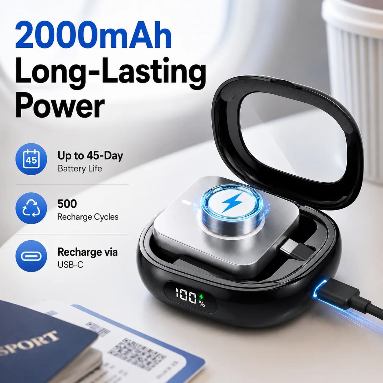 Portable Wireless Charging Case for Oura Ring Gen 4 & 3 Charger - LED Power Display,2000mAh Battery, 45-Day Runtime