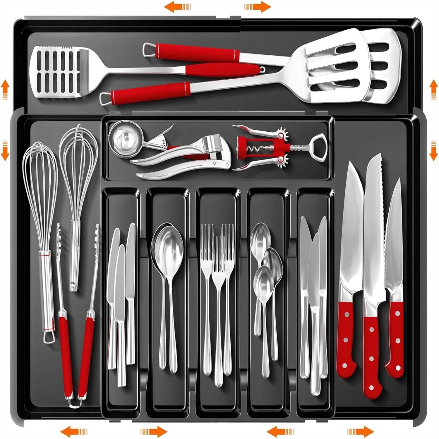 Organizzatore per posate con 9 scomparti, espandibile e senza BPA, vassoio da cucina per cucchiai, forchette e coltelli