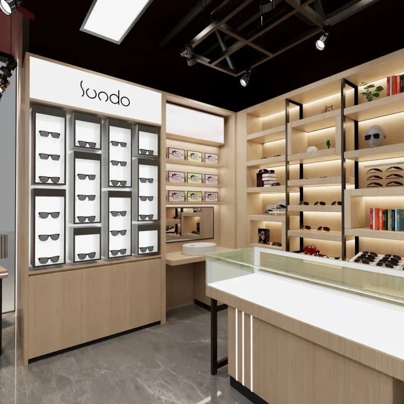 custom.Optical Shop Interior Design Glasses Display Furniture Custom Sunglasses Display Cabinet Wall Mounted LED Rack Retail