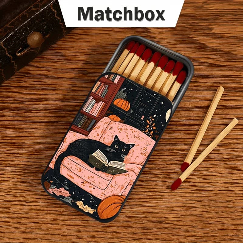 Black Cat Pattern Desktop Storage Box Retro Style Matchbox Design with Smooth Sliding Lid for Desk Small Sundries Organizer