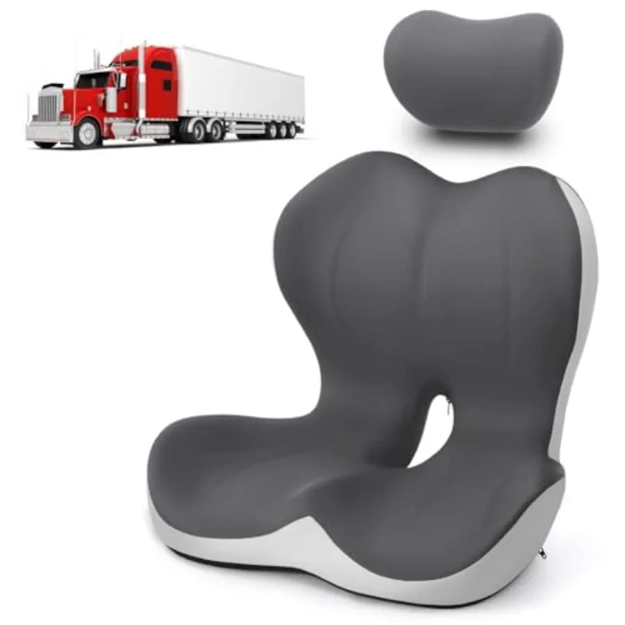 Set Cuscino e Poggiatesta 2-in-1 per Sedile Camion con Memory Foam per Guida a Lunga Distanza, Supporto Lombare Ergonomico in Grigio per Semirimorchi