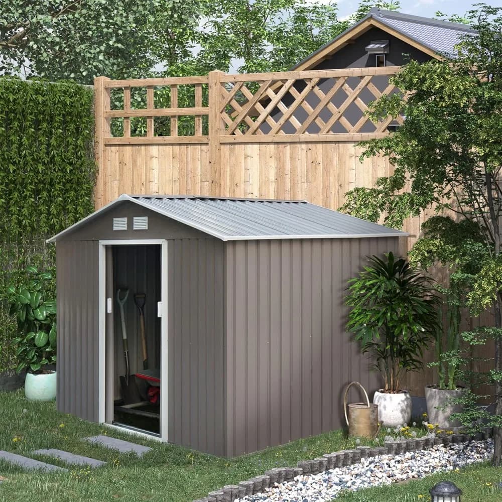 Capannone portaoggetti da esterno 9' x 6', capannone in metallo per attrezzi da giardino con kit fondotinta, doppia porta con serratura, prese d'aria e tetto inclinato, per