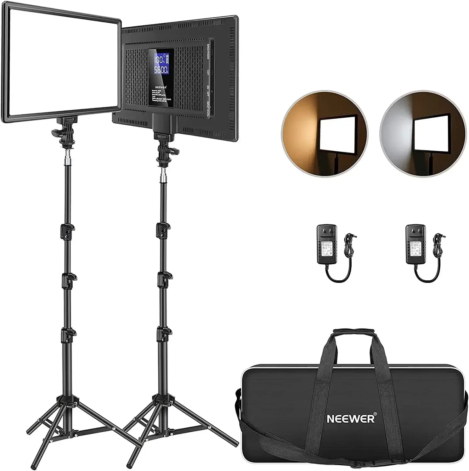Kit Pannello Luminoso LED da 13 Pollici, 2 Pezzi, Illuminazione Morbida Bicolore Dimmerabile con Treppiede, Batteria da 8000mAh, 3200~5600K CRI97