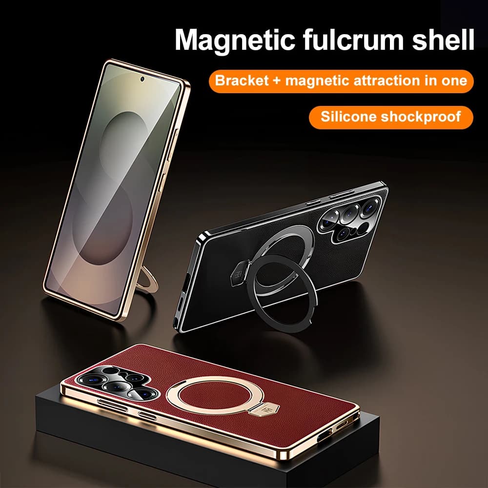 For Magsafe Magnetic Bracket Phone Case For Samsung S25 Ultra S24 S23 S25U Metal Ring Stand Leather Shockproof Protective Cover