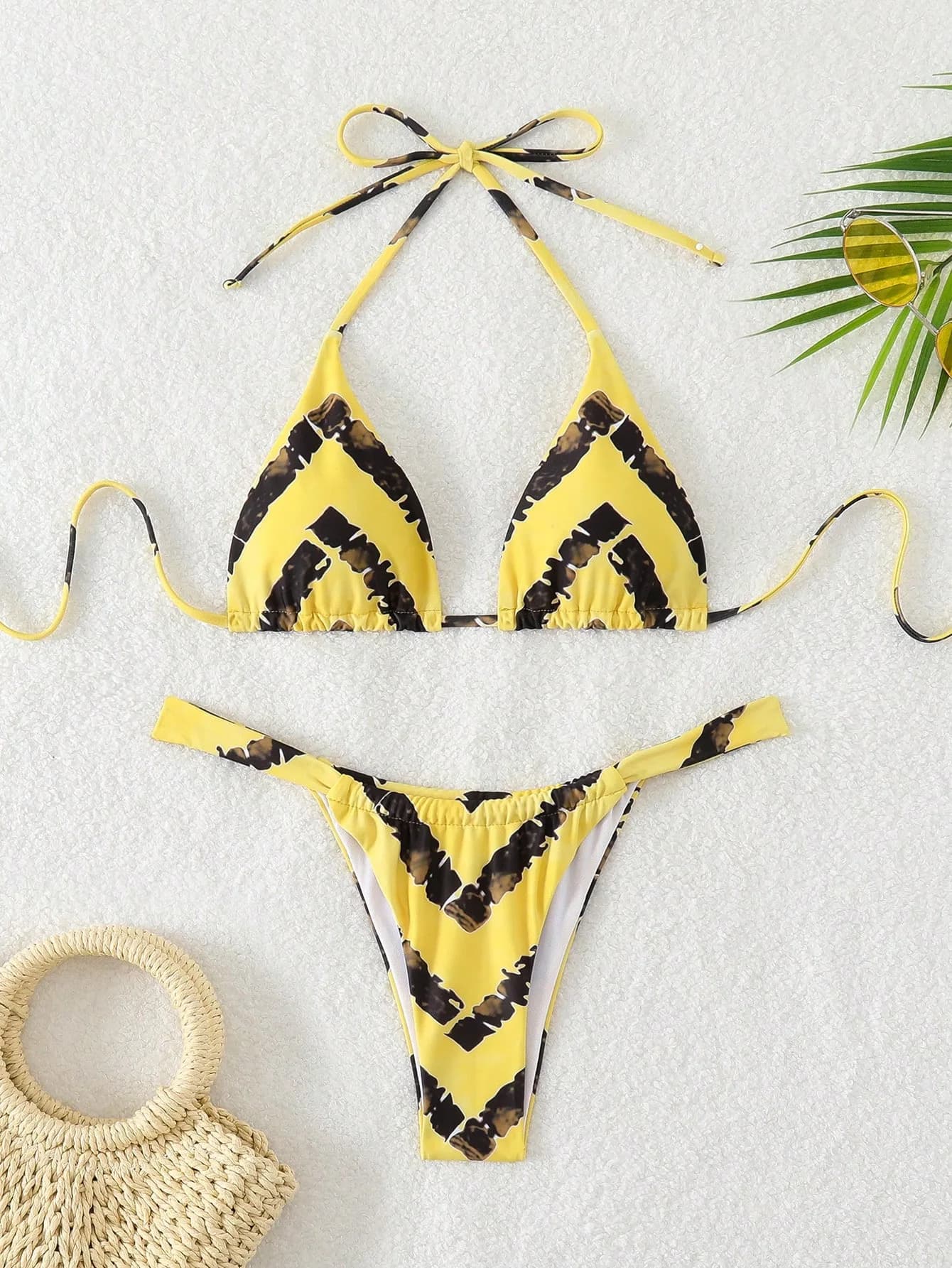 Set di micro bikini sexy con stampa gialla, due pezzi, con laccetti sul retro, costume da bagno, trikini, biquini, tankini