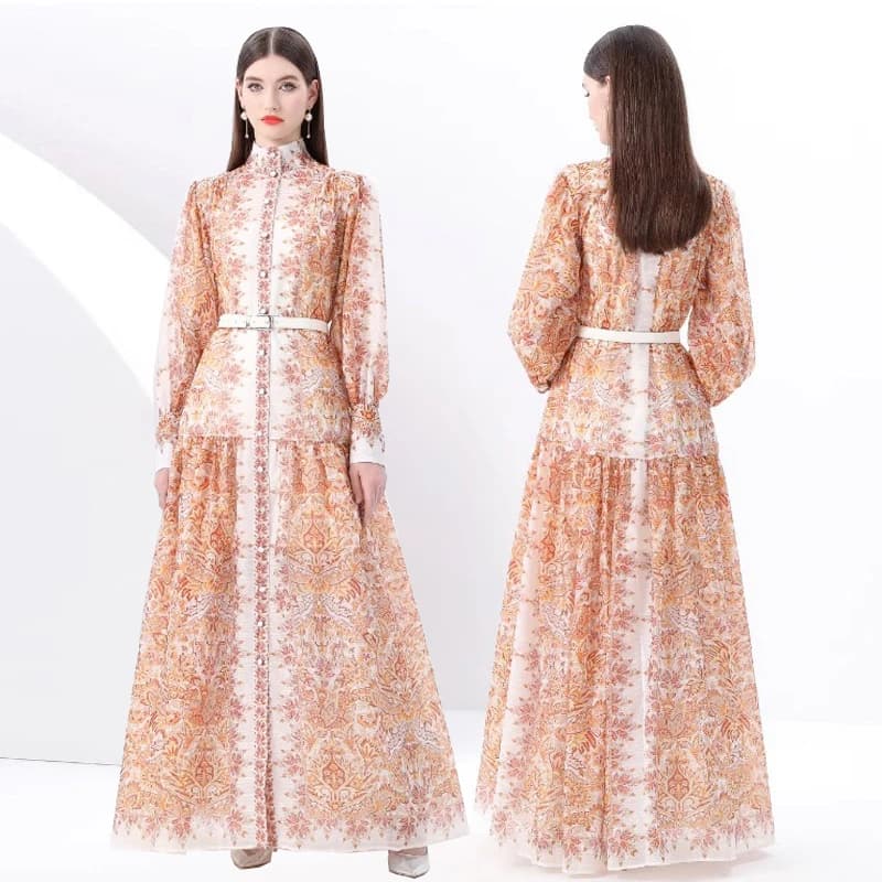 Abito lungo da donna in stile britannico a maniche lunghe con stampa floreale e colletto rialzato, abito elegante per fotografia, gonna midi in fibra di poliestere