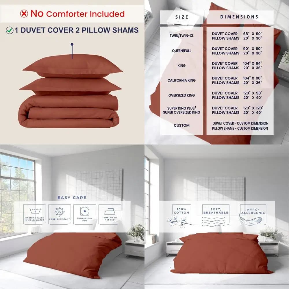 Set Copripiumino Super King Plus - 120x120, 100% Cotone Egiziano, 600 Fili, Chiusura a Cerniera e Lacci, Arancione Bruciato