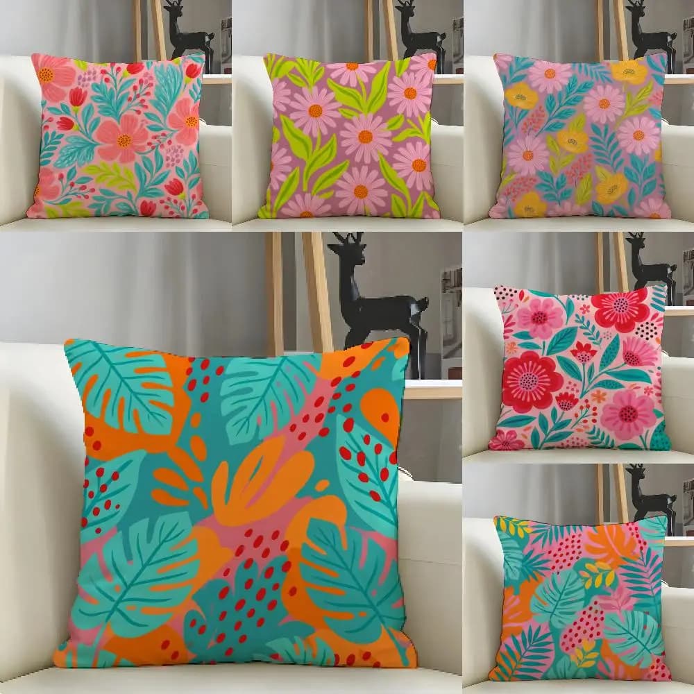 Floral Vibrant Botanical Cushion Cover Natural Linen Pillow Case Organic Fabric Double Sided Print Sofa Home Decor Gift