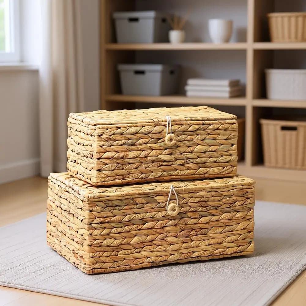 Contenitori Rettangolari in Vimini con Coperchio, Cesti Decorativi in Rattan, Scatole Organizer Multiuso per Scaffali