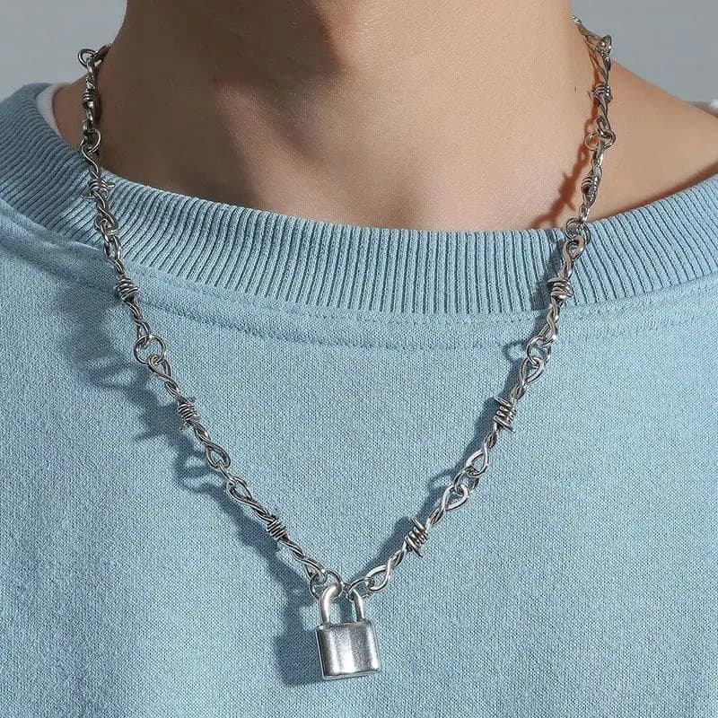 Punk Gothic Thorns Barbed Wire Chain Necklace Vintage Choker Hip Hop Pendant Lock Necklace For Party Birthday Gift