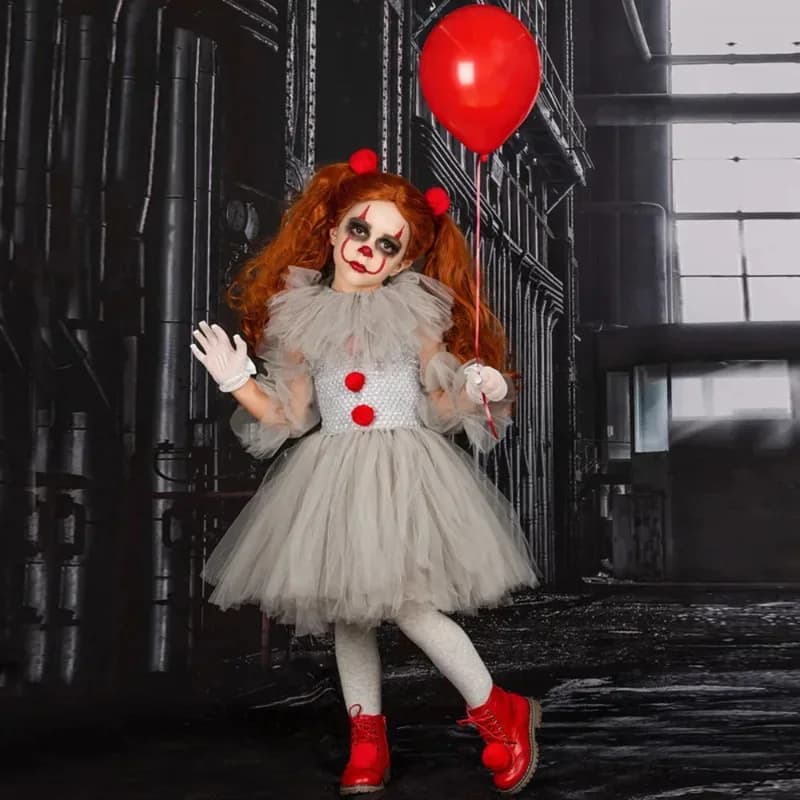Gray clown witch dress for girls, tulle mesh, children's clothing, carnival, festival, party, performance,x;2,f;5.n;