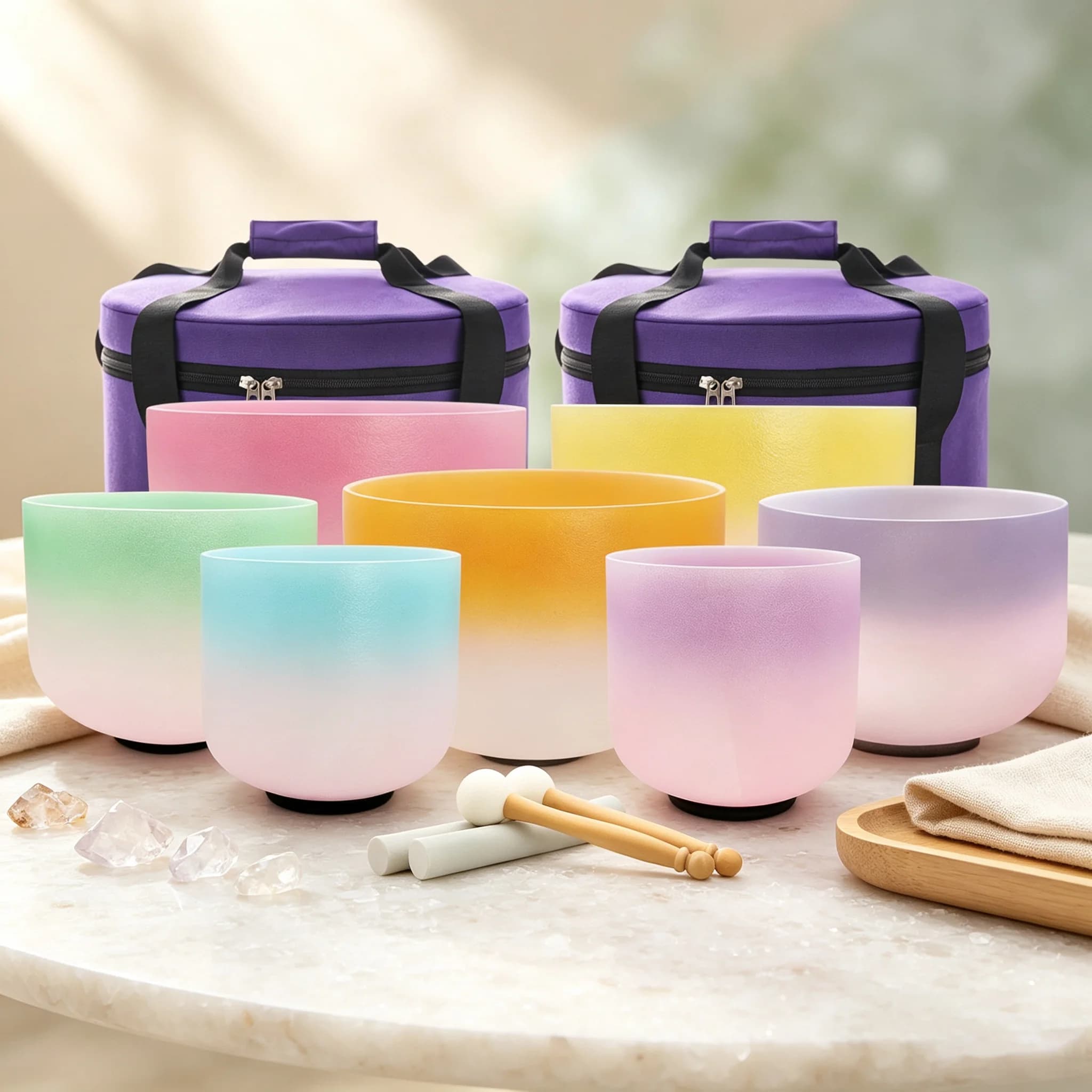 KVKA Crystal Singing Bowls Set 7–12 Inch Gradient Colors Chakra Sound Healing Crystal Sing Bowl for Yoga Energy Healing