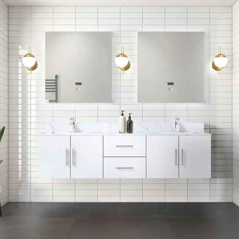 Vanity doppio bianco lucido da 72 pollici con specchi LED da 30 pollici - Set di mobili da bagno moderni