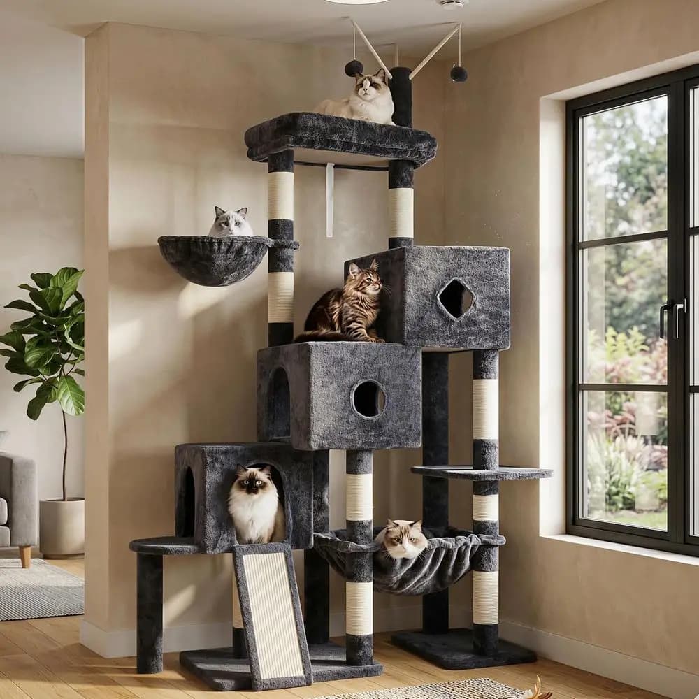 Grande Albero per Gatti con 3 Casette, Cesto, Letto, Tappeto in Sisal, Gradini per Arrampicarsi e Giocattoli, 74.8 Pollici per Gatti di Taglia Grande da Interno, Grigio Fumo