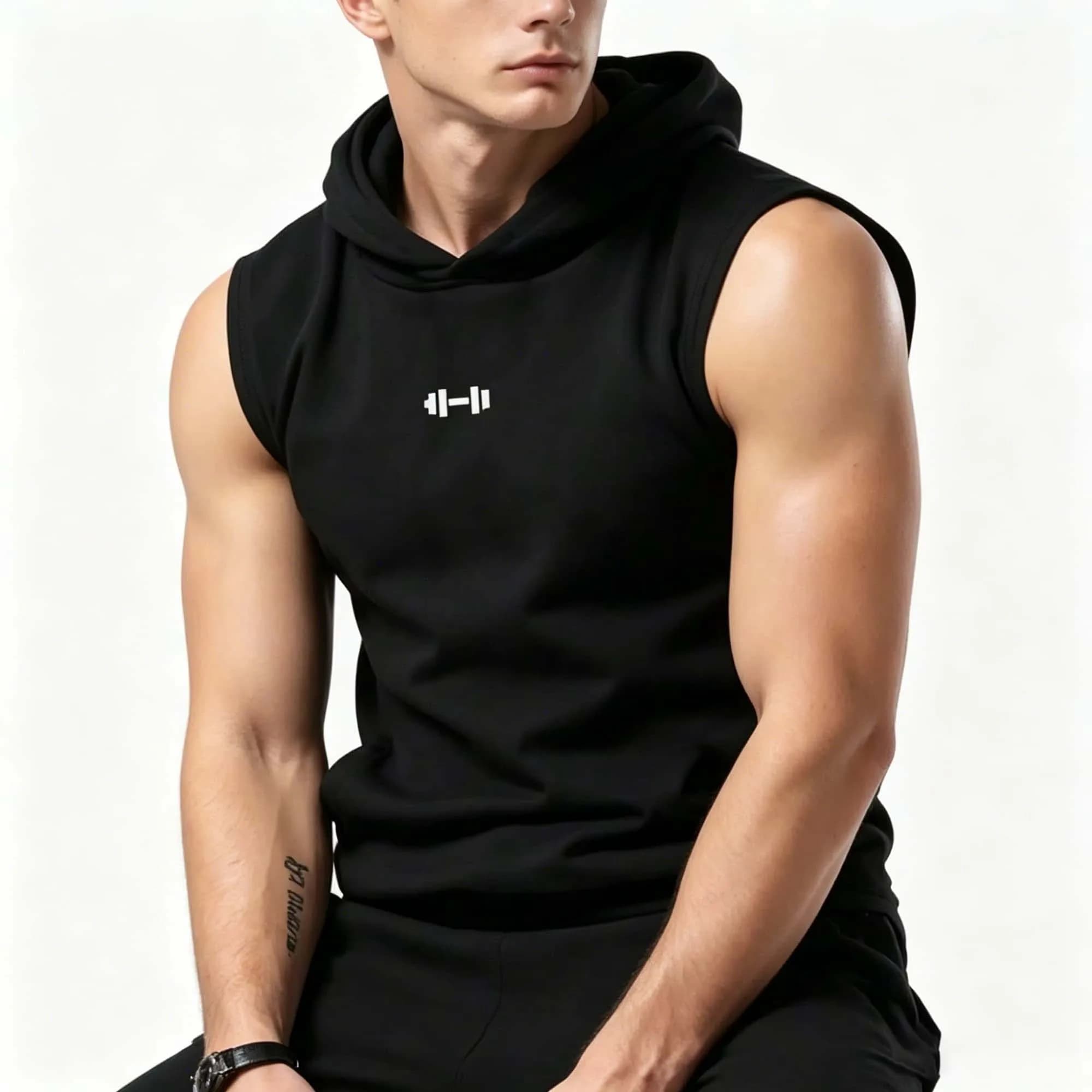 Streetwear Men Minimal Dumbbell Logo Sleeveless Hooded Tank Top Quick Dry Slim Fit Gym Training Weightlifting Muscle Sports Vest