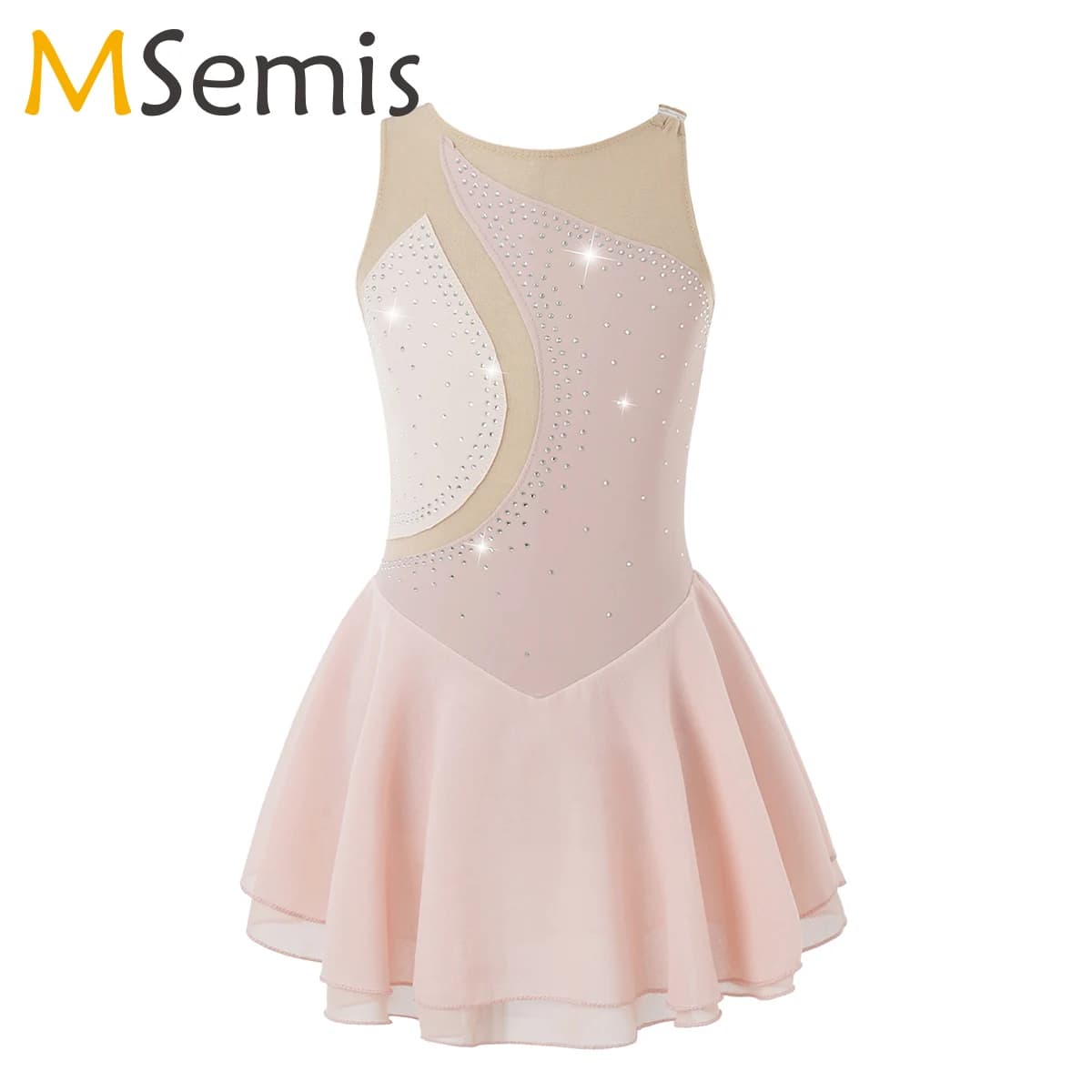 Vestito da pattinaggio di figura Bambini Ragazze Strass Maglia Splice Balletto Danza Ginnastica Body Tutu Vestito Costume da spettacolo teatrale