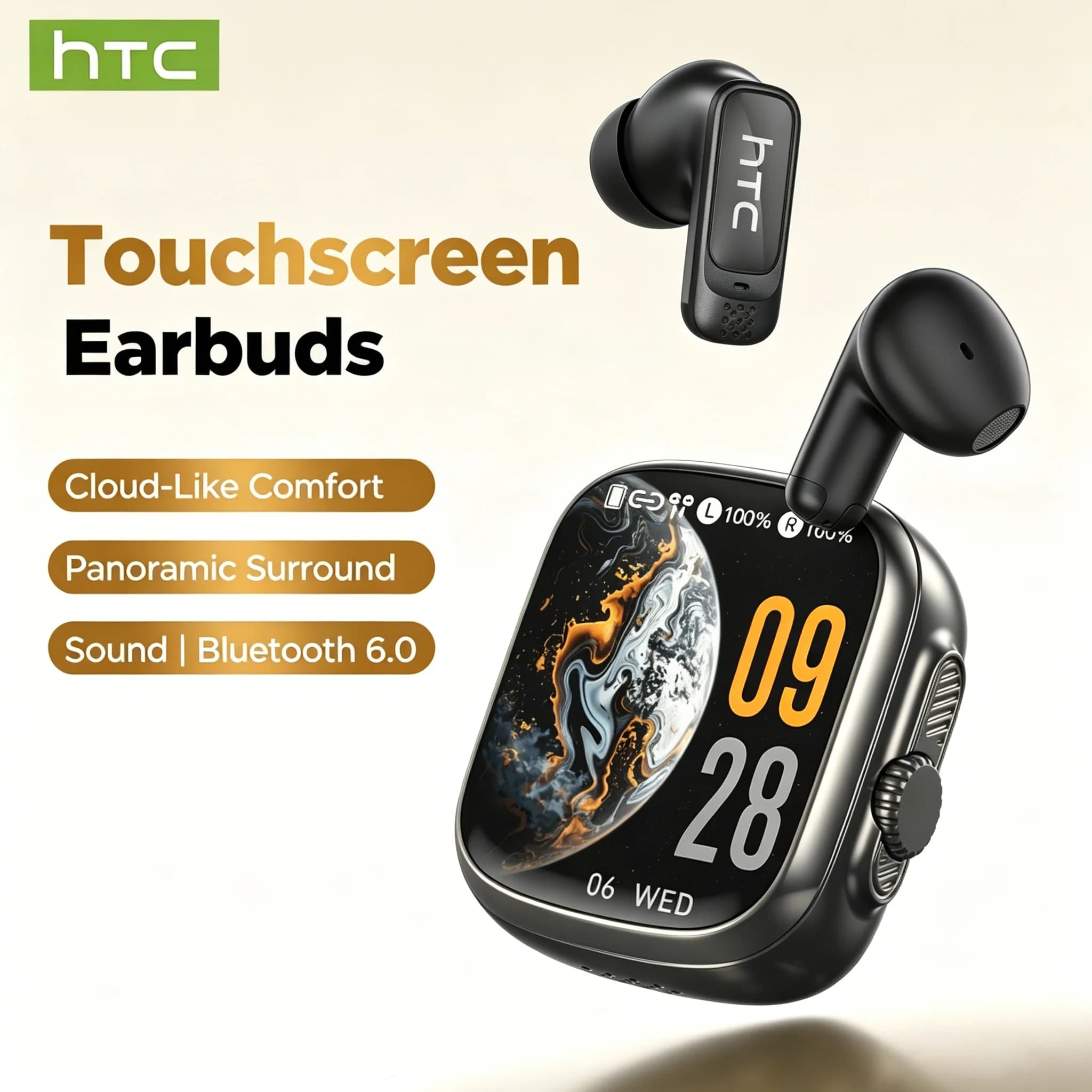 Auricolari Bluetooth Wireless HTC NE72 con Traduttore AI, 50 Ore di Riproduzione, Display LCD Full HD, Riduzione del Rumore, Uso Confortevole
