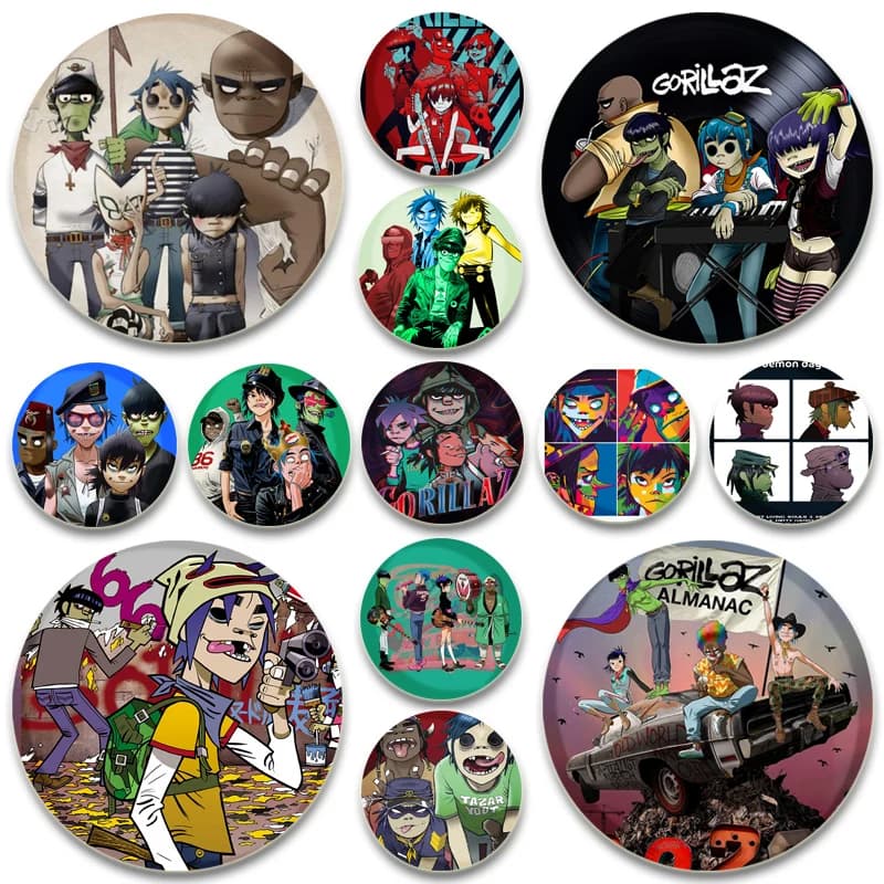 Spille smaltate rotonde in banda stagnata di cartone animato Spille Anime Gorillaz Fasce virtuali pop Distintivo per accessori per zaini Regali di gioielli
