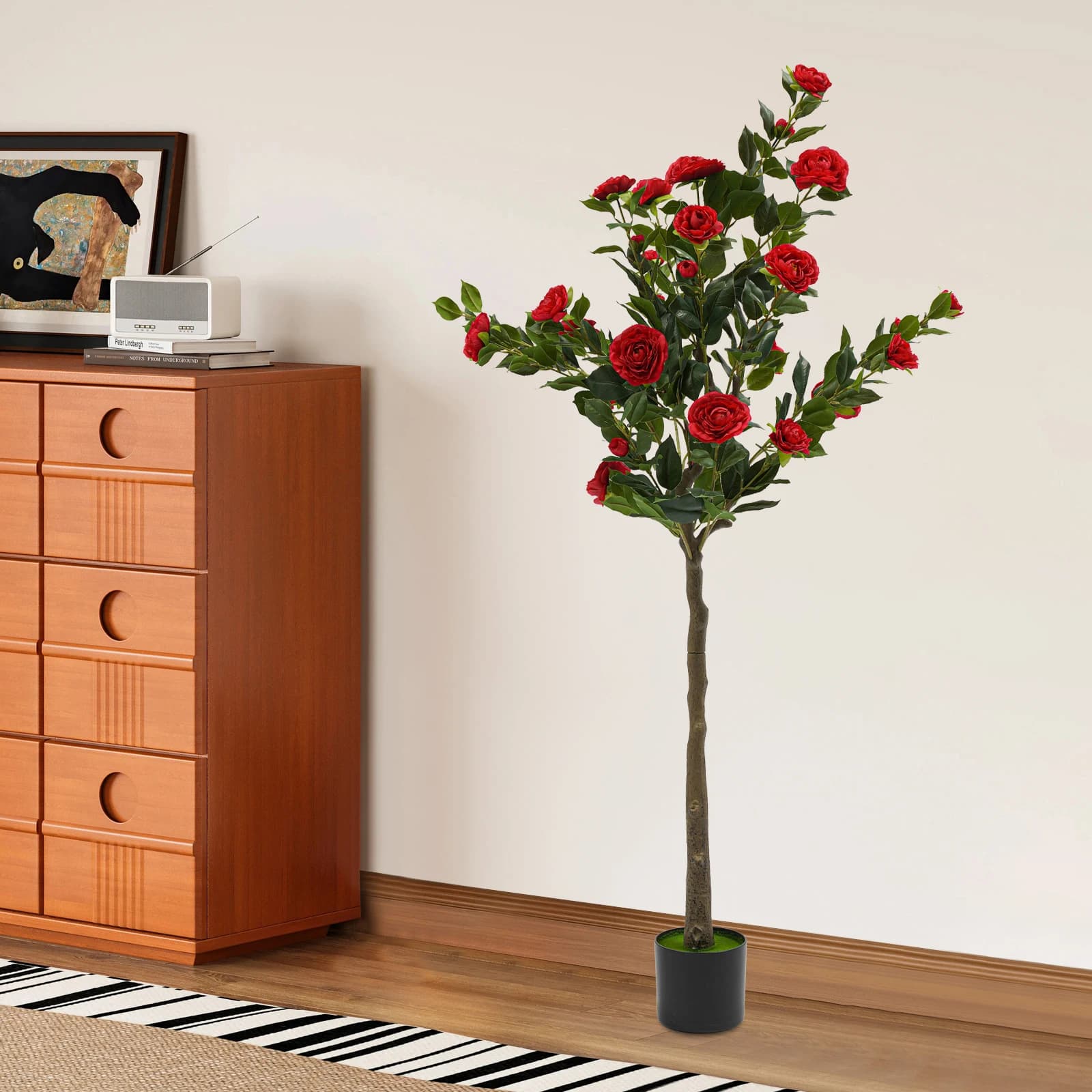 Artificial Plant in 150CM Silk, Camellia Tree, Artificial Trees, Red Camellia, Fine Flower in Vase for Interior and External Decoration