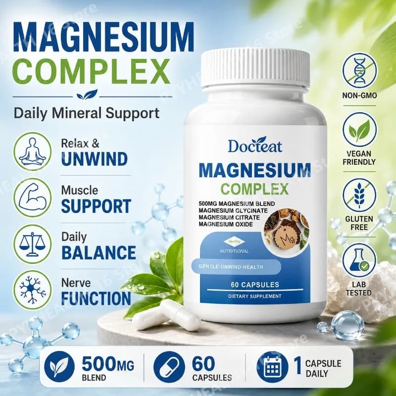Triple Magnesium Complex Capsules with Glycinate Citrate and Oxide Daily Wellness and Mineral Nutrition Supplement 60 Count