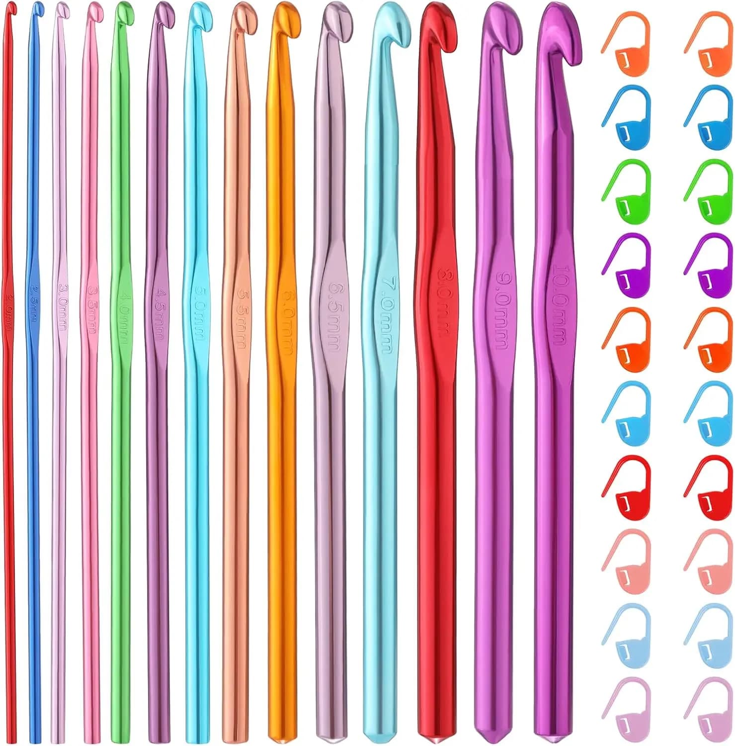 Set di 35 uncinetti, aghi per uncinetto con impugnatura ergonomica in alluminio colorato per principianti ed esperti di uncinetto