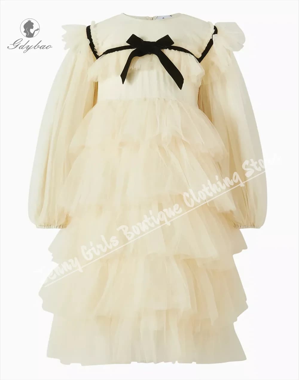 Abito da ragazza di fiore con fiocco nero con stile principessa in tulle a strati adatto per matrimoni Abito da sera personalizzato per la prima comunione