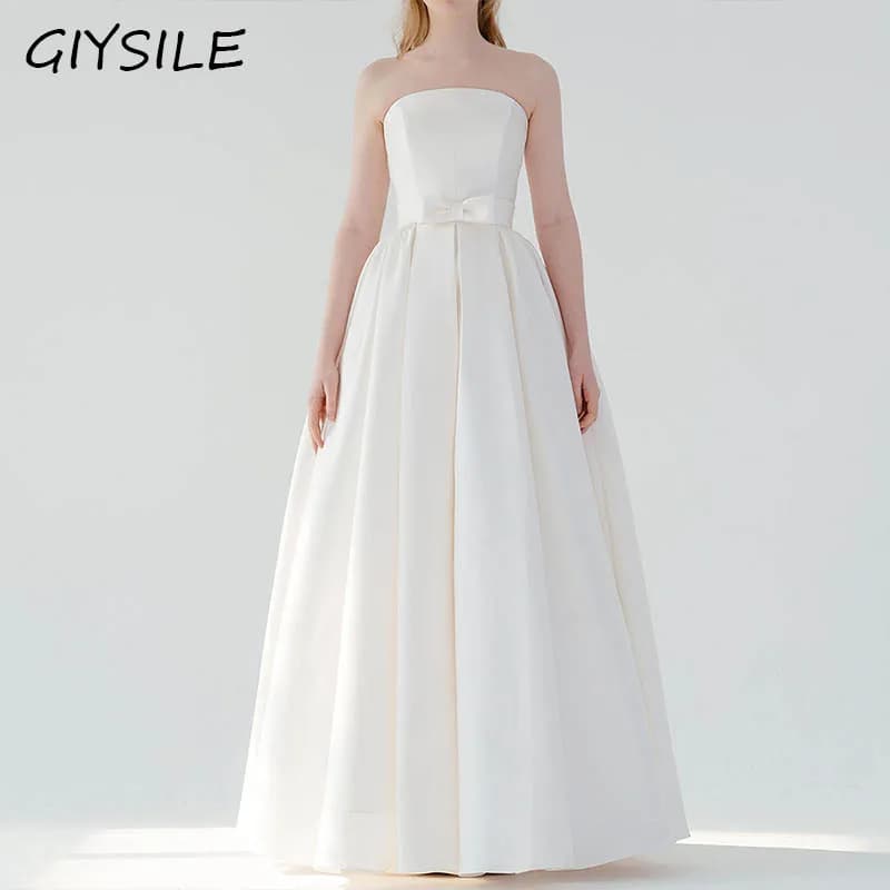 White Satin Strapless Ball Gown Wedding Dress with Bow Belt Floor-Length Bridal Gown for Bride Elegant Simple Style Dresses