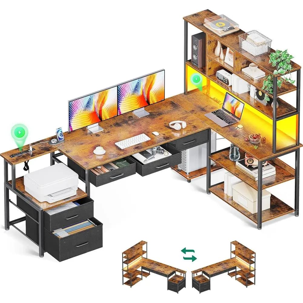 Scrivania a L con 5 cassetti, luce LED, 2 prese - Stile vintage per gaming e ufficio domestico